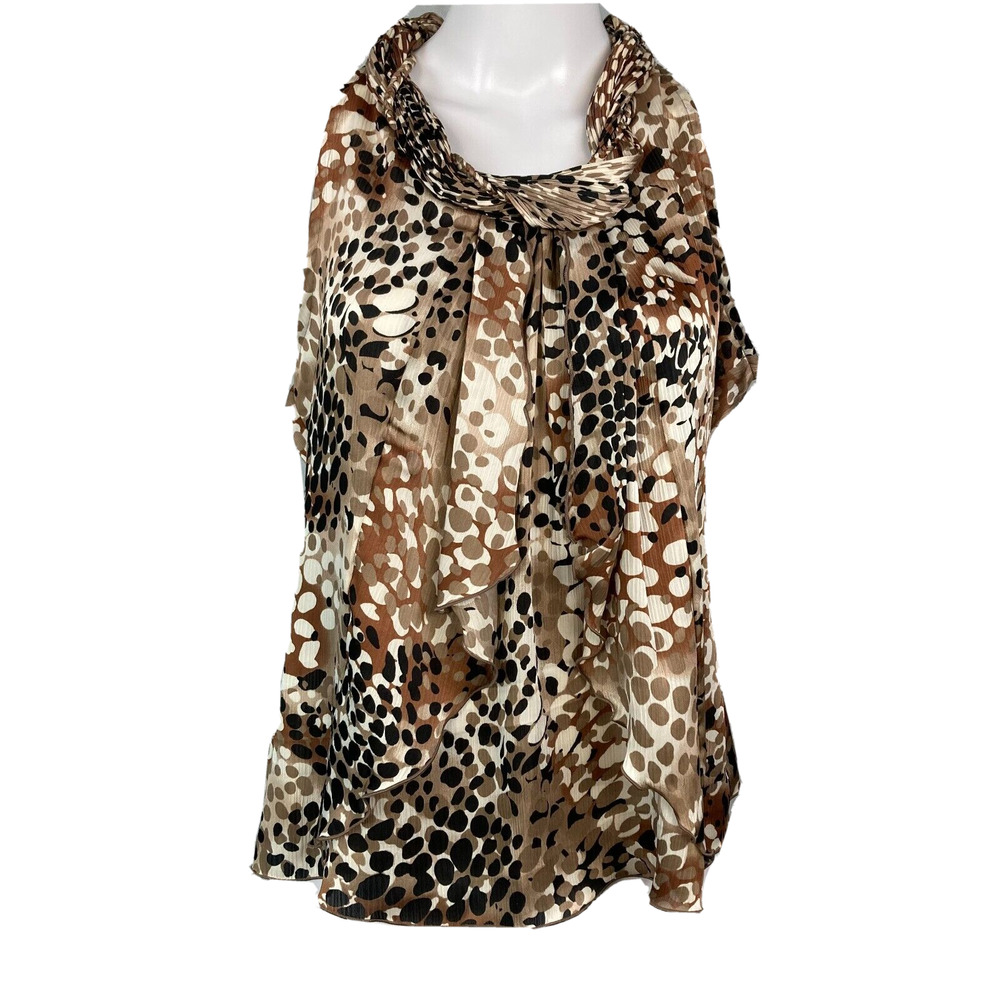 Milano Shirt Womens M Beige Black Spotted Ruffle Cowl Twist Neck Sleeveless Top